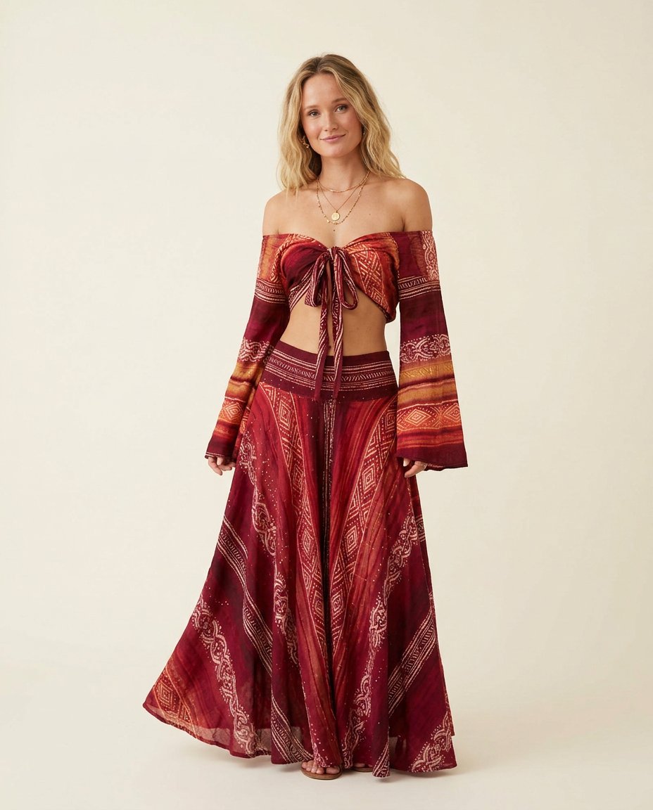 Red Reverie Wedding Guest Printed Skirt Set Red Skirt Set with Wide-Leg silhouette and Textured texture, clean studio product view for Wedding Guest, a gallery evening, Fall current summer selling first with a light late-summer/pre-fall accent: make it we by floravincie