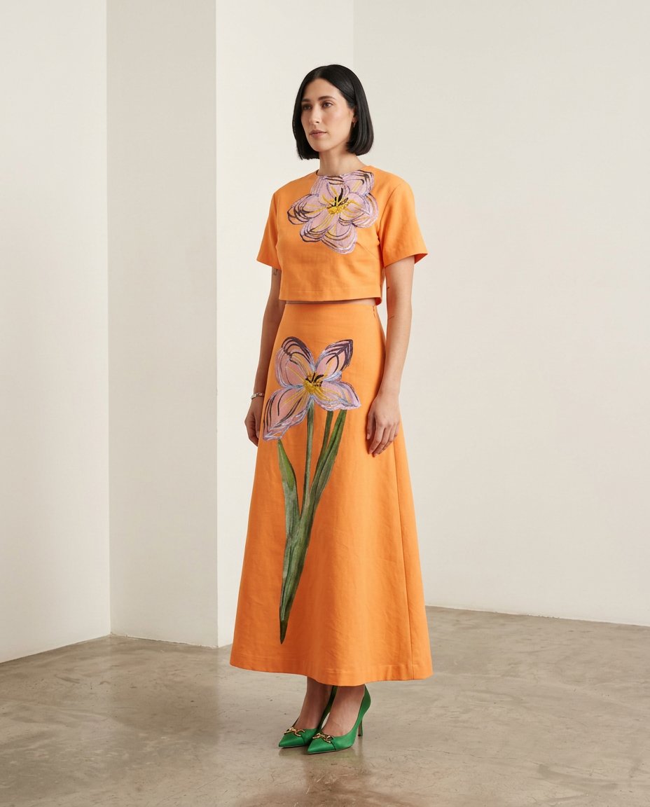 Orange Whisper Wedding Guest Floral Skirt Set Orange Skirt Set with Asymmetric silhouette and Textured texture, clean studio product view for Wedding Guest, a gallery evening, Fall current summer selling first with a light late-summer/pre-fall accent: mak by floravincie