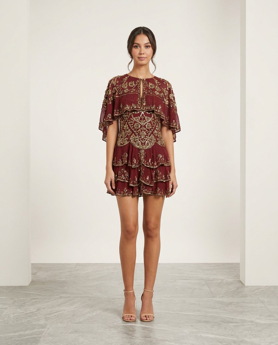 Burgundy Bloom Wedding Guest Embroidered Romper Burgundy Romper with Relaxed Fit silhouette and Textured texture, clean studio product view for Wedding Guest, a fall city dinner, Fall current summer selling first with a light late-summer/pre-fall accent: by floravincie