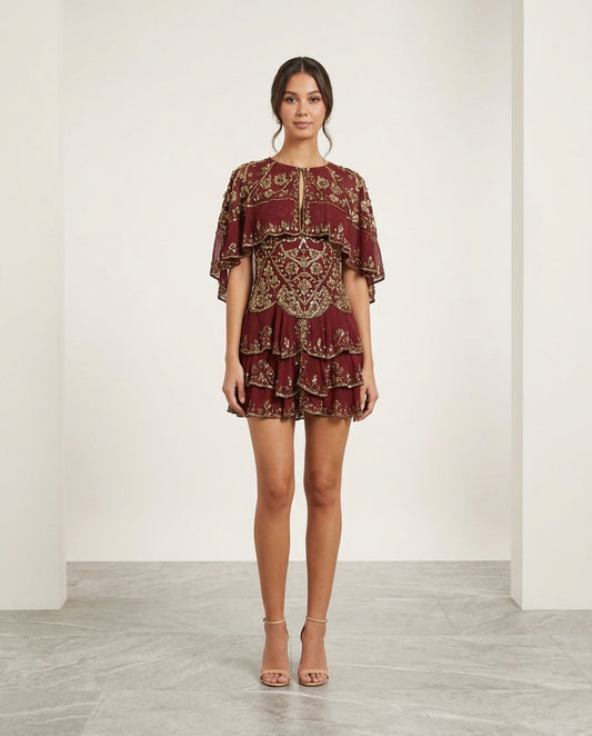 Burgundy Bloom Wedding Guest Embroidered Romper Burgundy Romper with Relaxed Fit silhouette and Textured texture, clean studio product view for Wedding Guest, a fall city dinner, Fall current summer selling first with a light late-summer/pre-fall accent: by floravincie