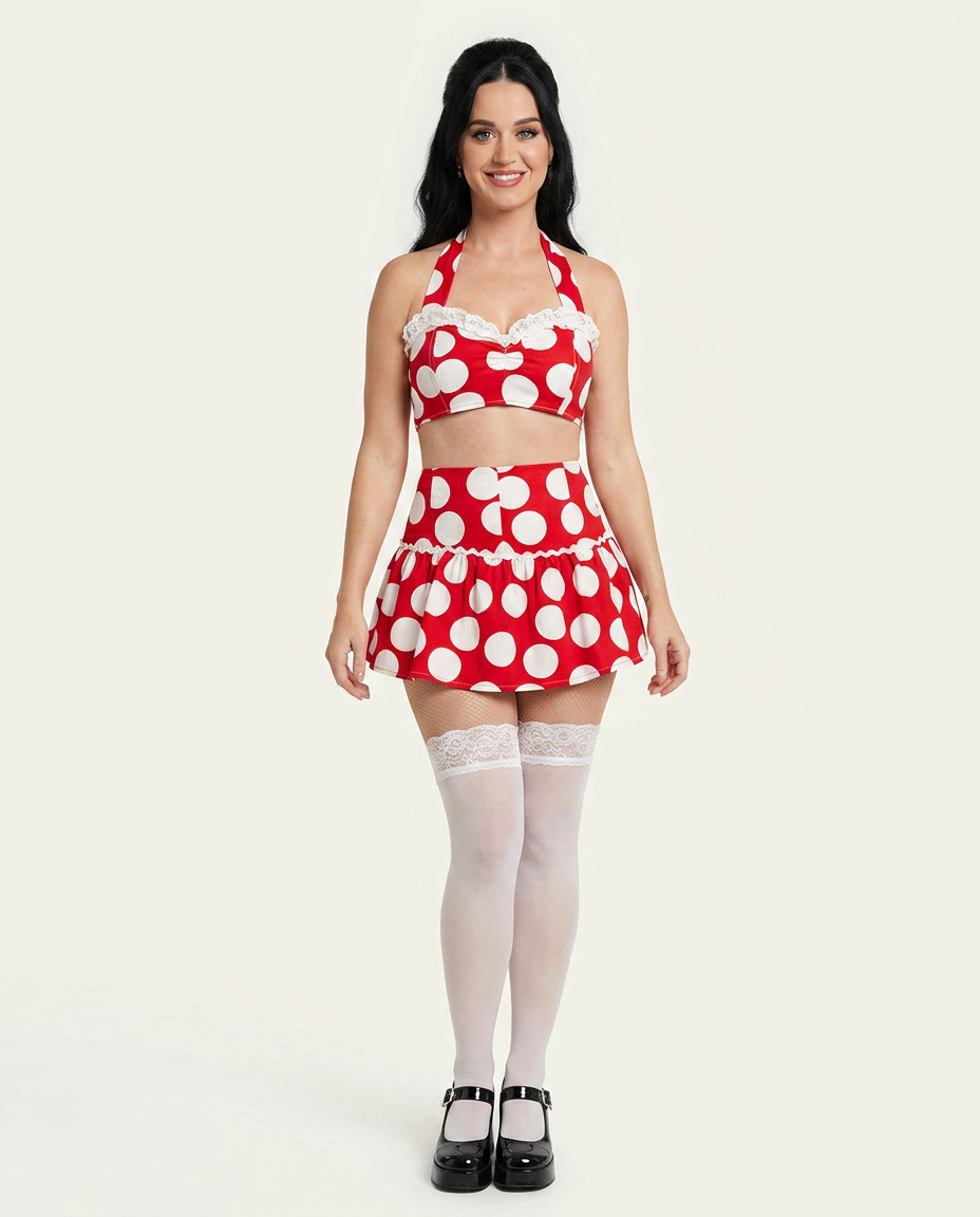Red Gleam Wedding Guest Polka Dot Skirt Set Red Skirt Set with Cropped silhouette and Textured texture, clean studio product view for Wedding Guest, a gallery evening, Fall current summer selling first with a light late-summer/pre-fall accent: make it wea by floravincie