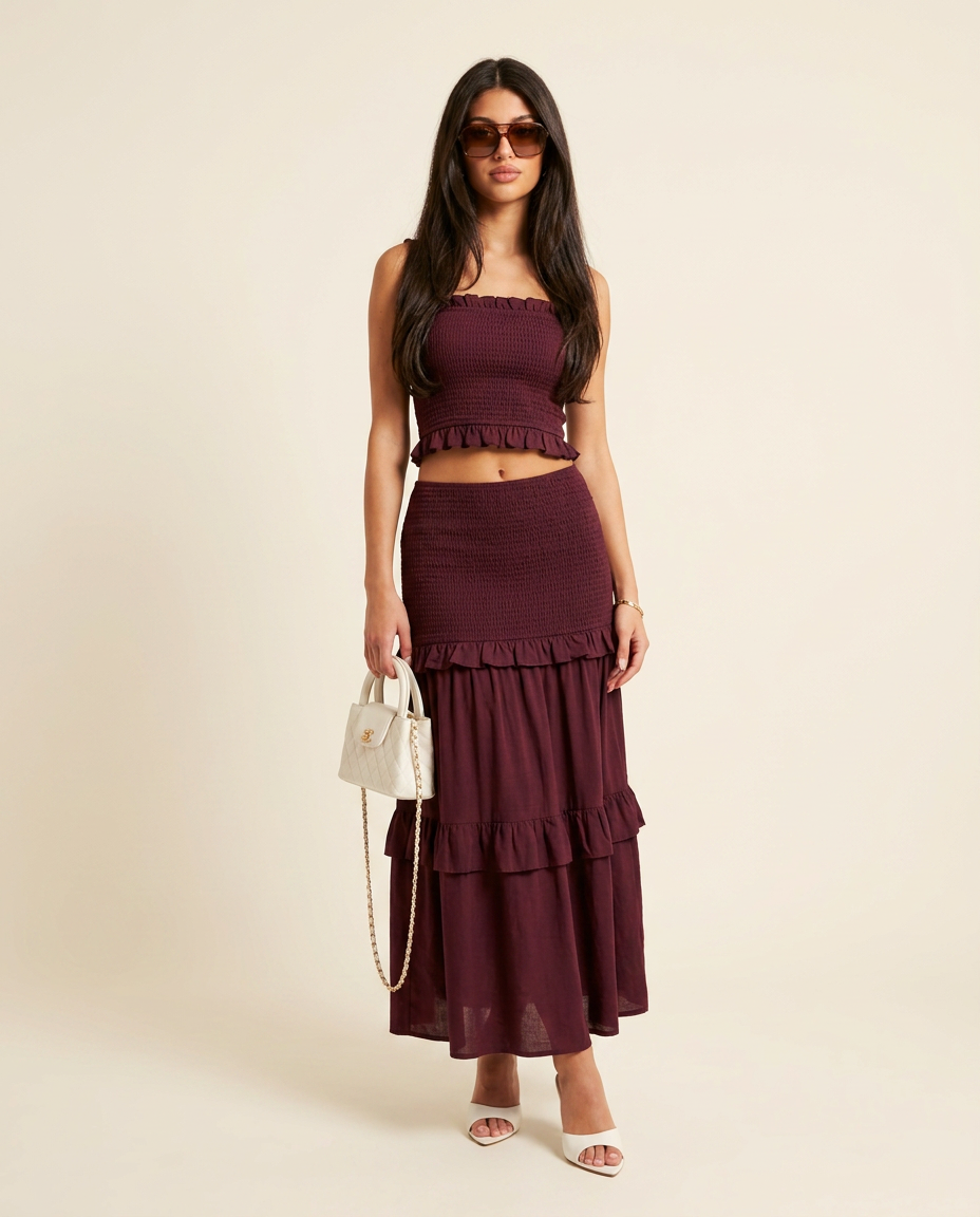 Burgundy Bloom Resort Printed Skirt Set Burgundy Skirt Set with Cropped silhouette and Linen Blend texture, clean studio product view for Resort Wear, a gallery opening in Paris, Euro Chic Premium