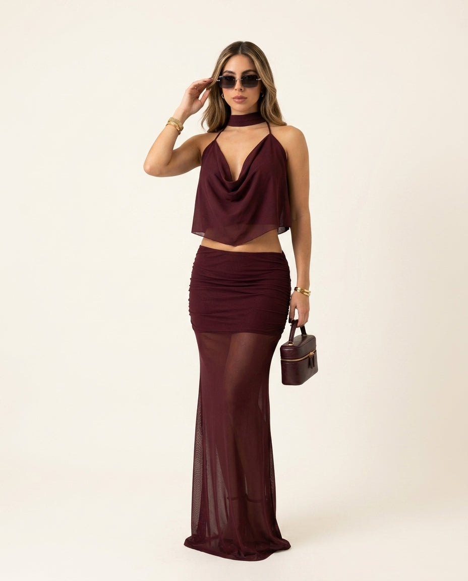 Burgundy Muse Evening Ruched Skirt Set Burgundy Skirt Set with Asymmetric silhouette and Textured texture, clean studio product view for Date Night, an estate dinner at golden hour, US East / Hamptons Elite