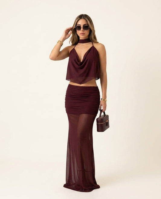 Burgundy Muse Evening Ruched Skirt Set Burgundy Skirt Set with Asymmetric silhouette and Textured texture, clean studio product view for Date Night, an estate dinner at golden hour, US East / Hamptons Elite