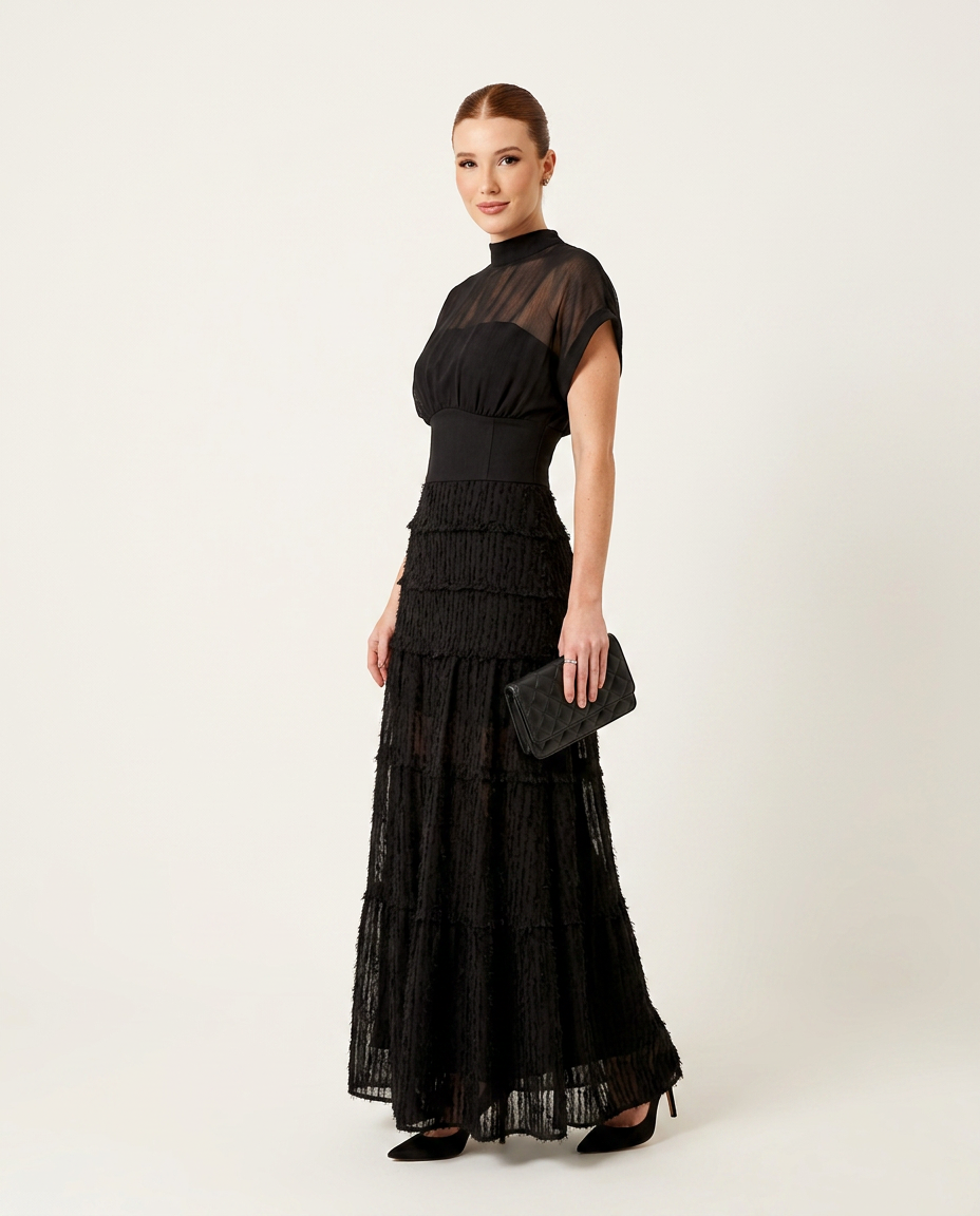 Black Charm Evening Lace Maxi Dress Black Maxi Dress with Asymmetric silhouette and Textured texture, clean studio product view for Date Night, a Palm Springs weekend, US Coastal Glam