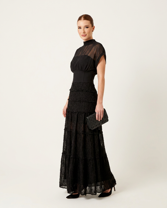 Black Charm Evening Lace Maxi Dress Black Maxi Dress with Asymmetric silhouette and Textured texture, clean studio product view for Date Night, a Palm Springs weekend, US Coastal Glam