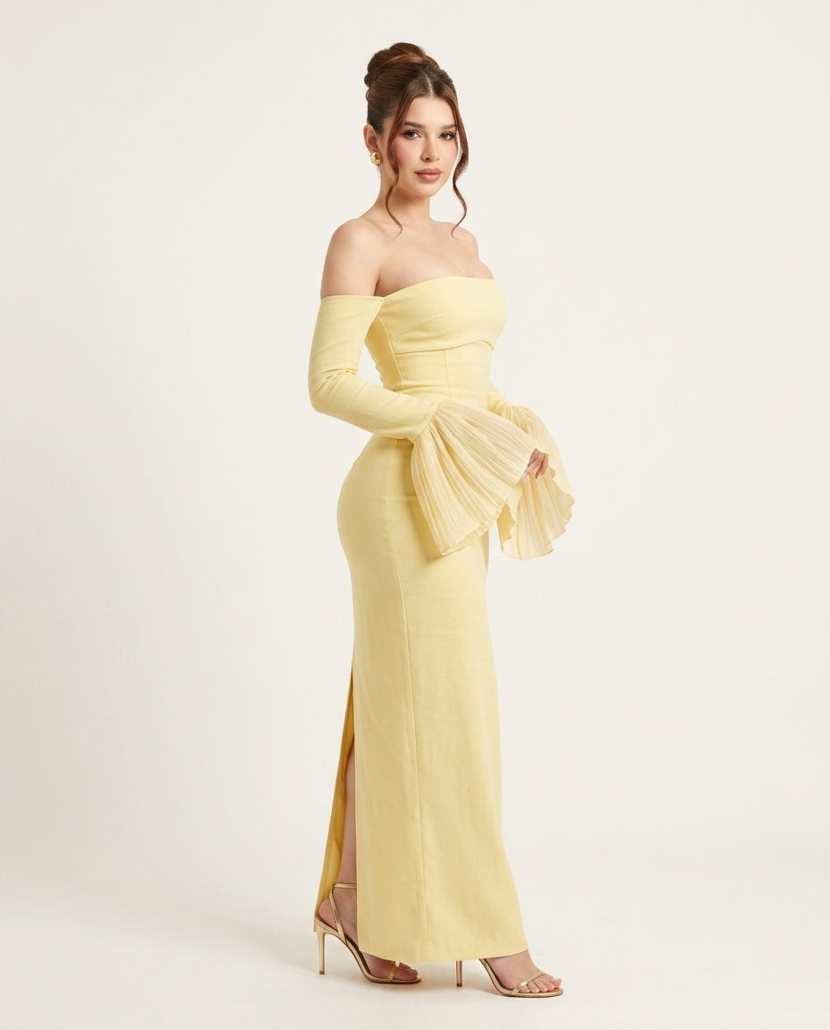Butter Yellow Charm Summer Pleated Maxi Dress Butter Yellow Maxi Dress with Relaxed Fit silhouette and Textured texture, clean studio product view for Rooftop Brunch, a rooftop dinner in LA, US Coastal Glam