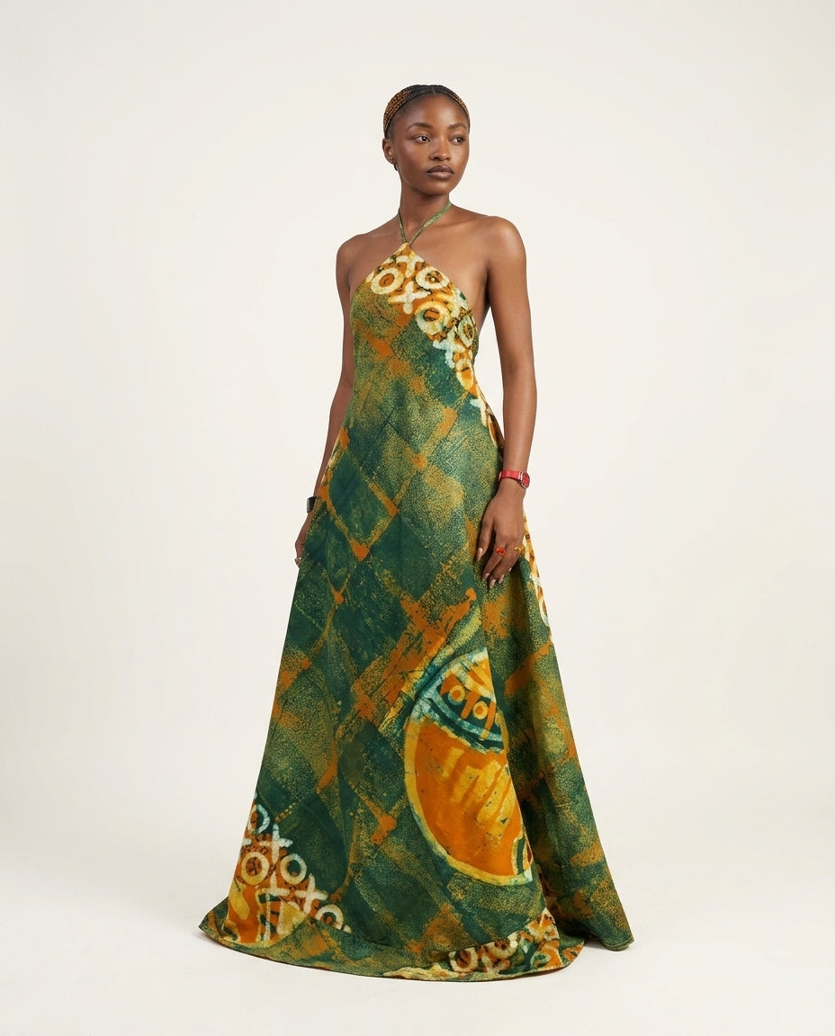 Sage Velvet Resort Abstract Print Maxi Dress Sage Maxi Dress with Relaxed Fit silhouette and Textured texture, clean studio product view for Resort Wear, a polished coastal brunch, US East / Hamptons Elite