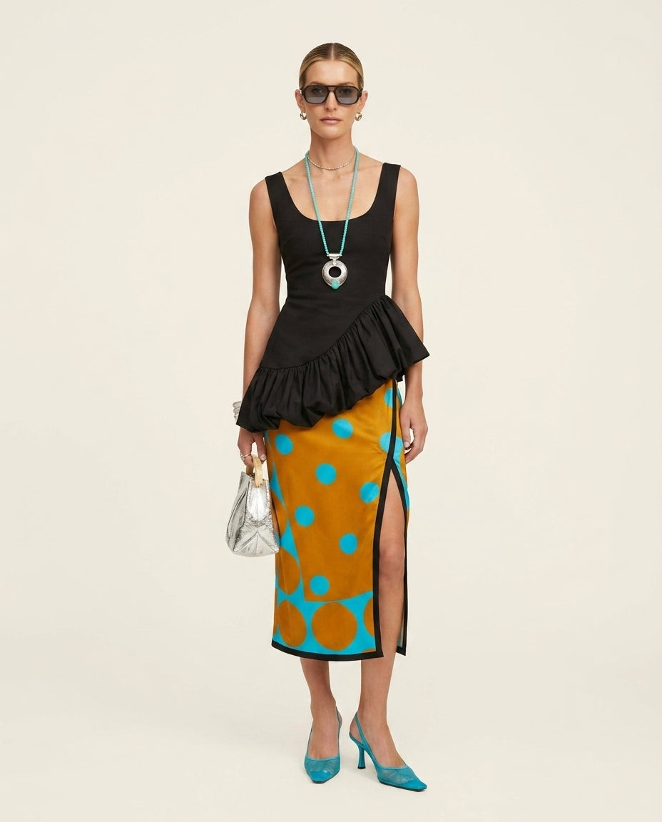 Black Allure Summer Polka Dot Skirt Set Black Skirt Set with Relaxed Fit silhouette and Textured texture, clean studio product view for Vacation Set, a gallery opening in Paris, Euro Chic Premium