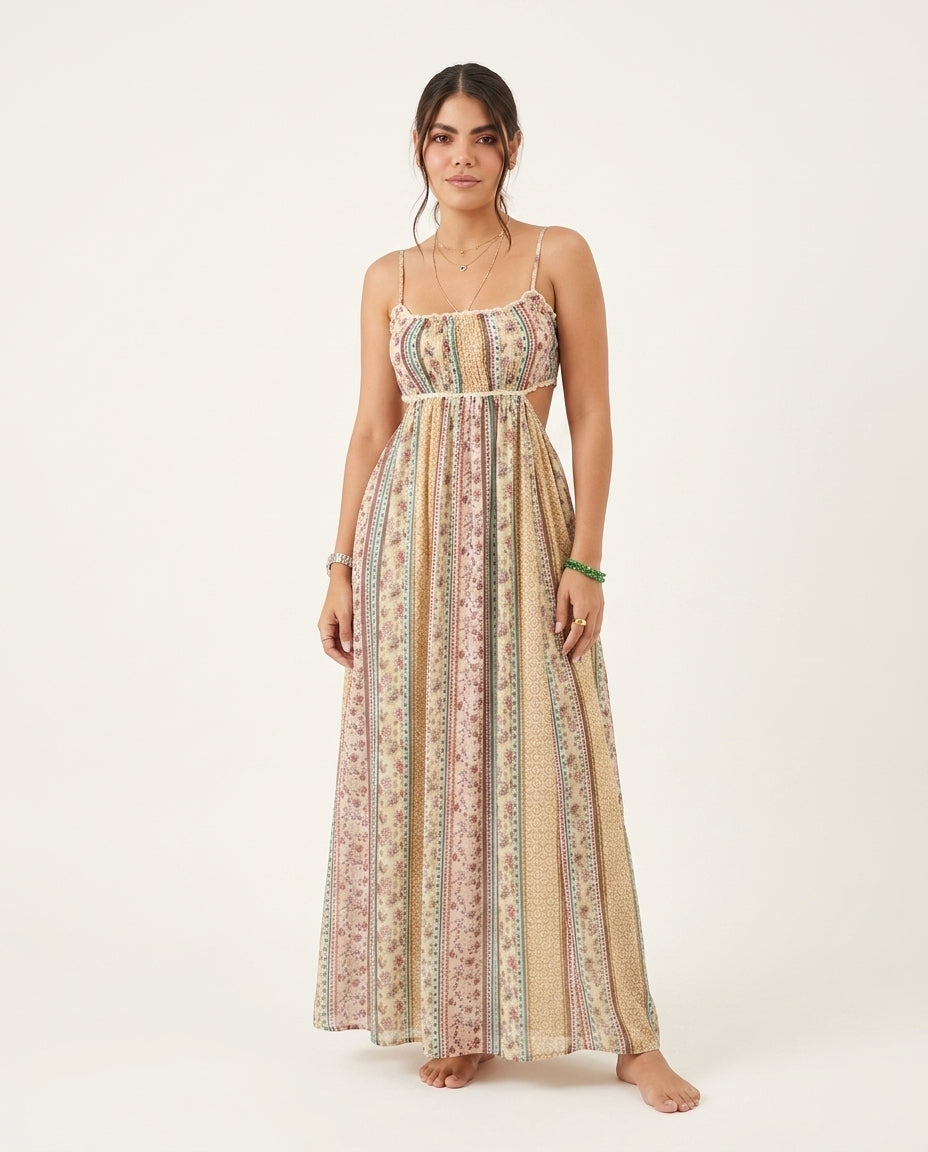 Butter Yellow Allure Resort Floral Maxi Dress Butter Yellow Maxi Dress with Relaxed Fit silhouette and Textured texture, clean studio product view for Resort Wear, Sunset in Malibu, US Coastal Glam