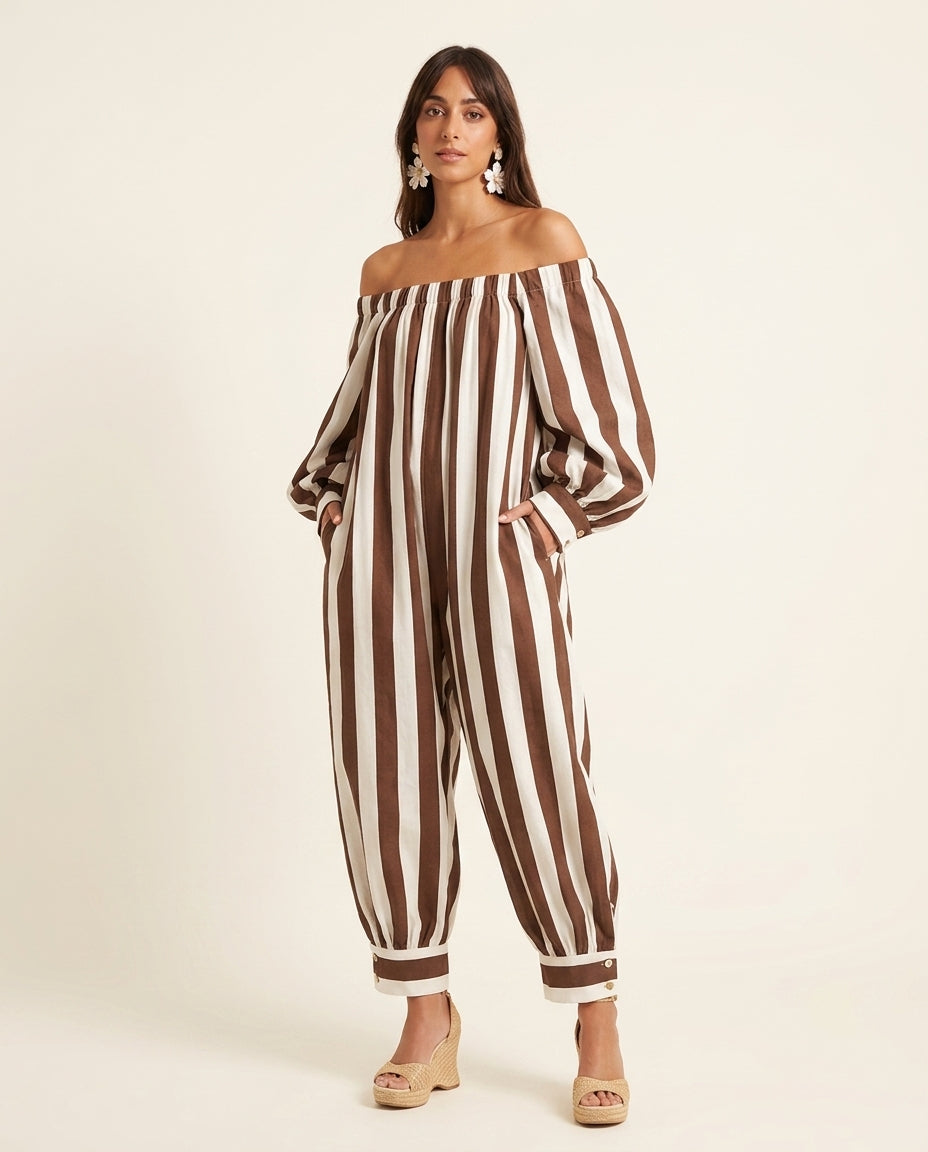 Brown Aura Resort Striped Jumpsuit Brown Jumpsuit with Wide-Leg silhouette and Linen Blend texture, clean studio product view for Resort Wear, a private garden lunch, US East / Hamptons Elite