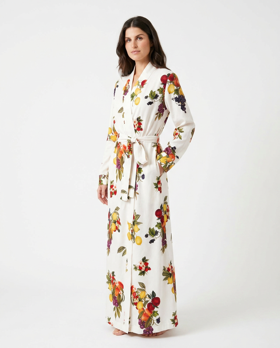 Ivory Aura Resort Printed Jacket Ivory Jacket with Asymmetric silhouette and Satin texture, clean studio product view for Resort Wear, a London dinner reservation, Euro Chic Premium