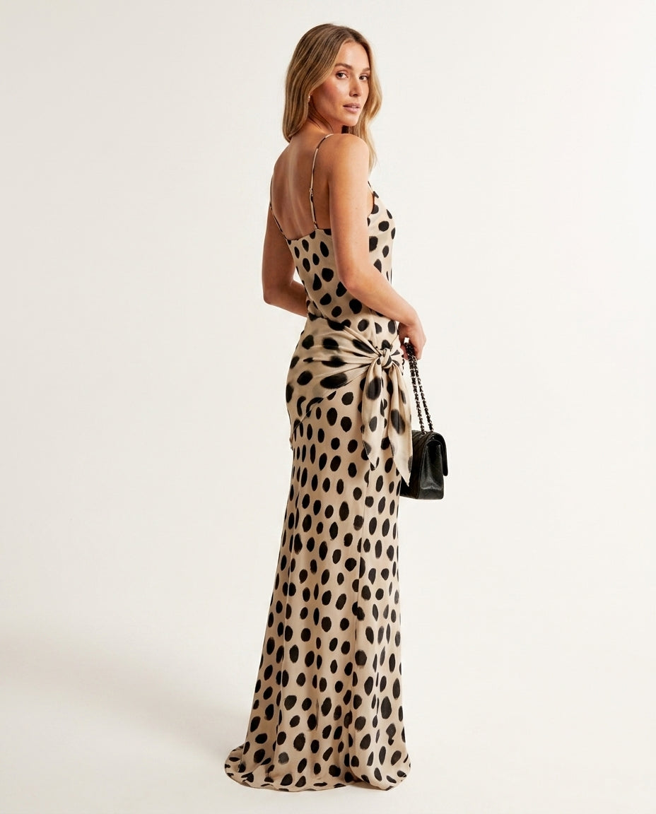 Sand Velvet Evening Printed Maxi Dress Sand Maxi Dress with Relaxed Fit silhouette and Satin texture, clean studio product view for Resort Wear, Evening in Amalfi, Euro Chic Premium