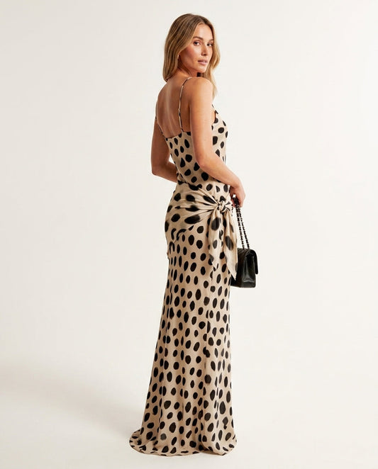 Sand Velvet Evening Printed Maxi Dress Sand Maxi Dress with Relaxed Fit silhouette and Satin texture, clean studio product view for Resort Wear, Evening in Amalfi, Euro Chic Premium