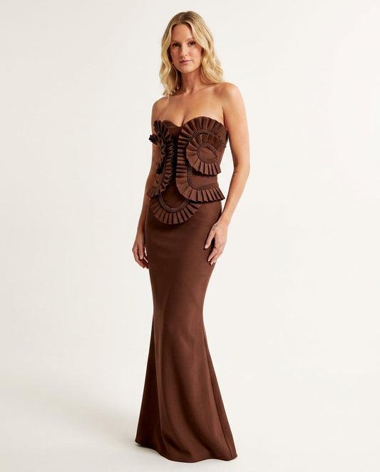 Brown Lustre Evening Ruffled Maxi Dress Brown Maxi Dress with Relaxed Fit silhouette and Textured texture, clean studio product view for Date Night, Brunch in SoHo, US Coastal Glam