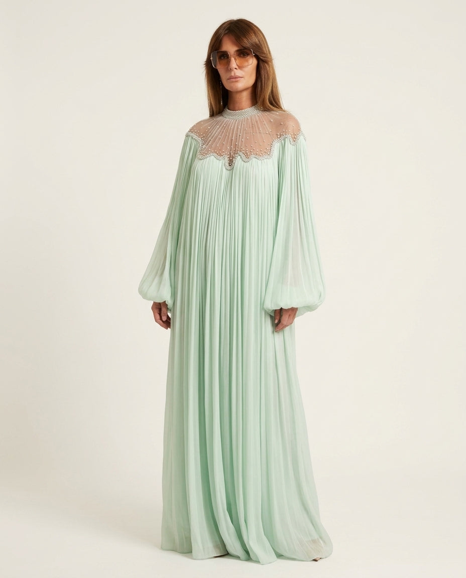 Mint Green Lustre Resort Pleated Romper Mint Green Romper with Relaxed Fit silhouette and Textured texture, clean studio product view for Resort Wear, an estate dinner at golden hour, US East / Hamptons Elite