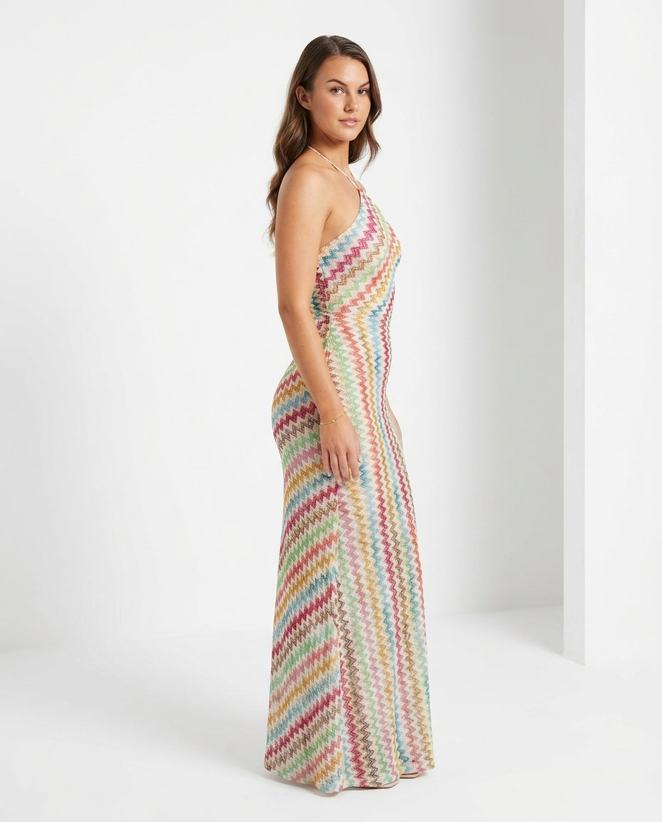 Multi-Color Lustre Resort Halter Maxi Dress Multi-Color Maxi Dress with Relaxed Fit silhouette and Ribbed Knit texture, clean studio product view for Resort Wear, a Palm Springs weekend, US Coastal Glam