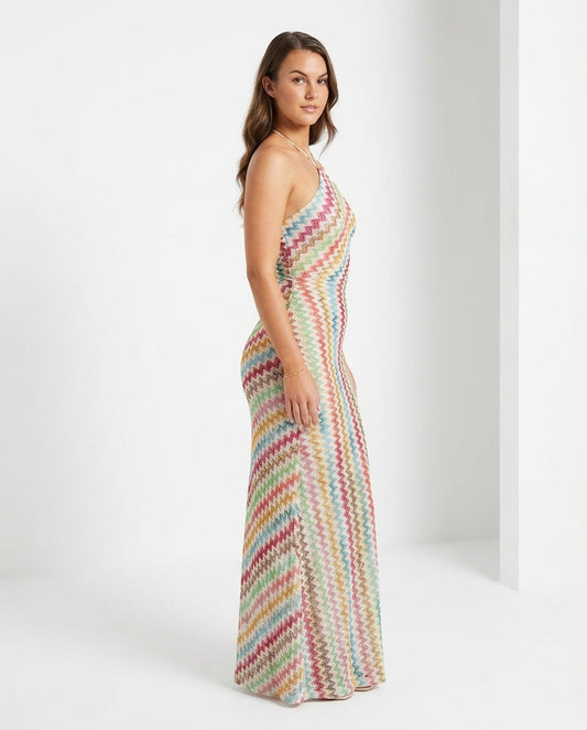 Multi-Color Lustre Resort Halter Maxi Dress Multi-Color Maxi Dress with Relaxed Fit silhouette and Ribbed Knit texture, clean studio product view for Resort Wear, a Palm Springs weekend, US Coastal Glam