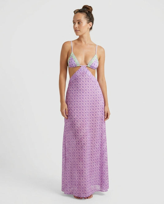 Lavender Bloom Resort Floral Maxi Dress Lavender Maxi Dress with Relaxed Fit silhouette and Textured texture, clean studio product view for Resort Wear, an estate dinner at golden hour, US East / Hamptons Elite