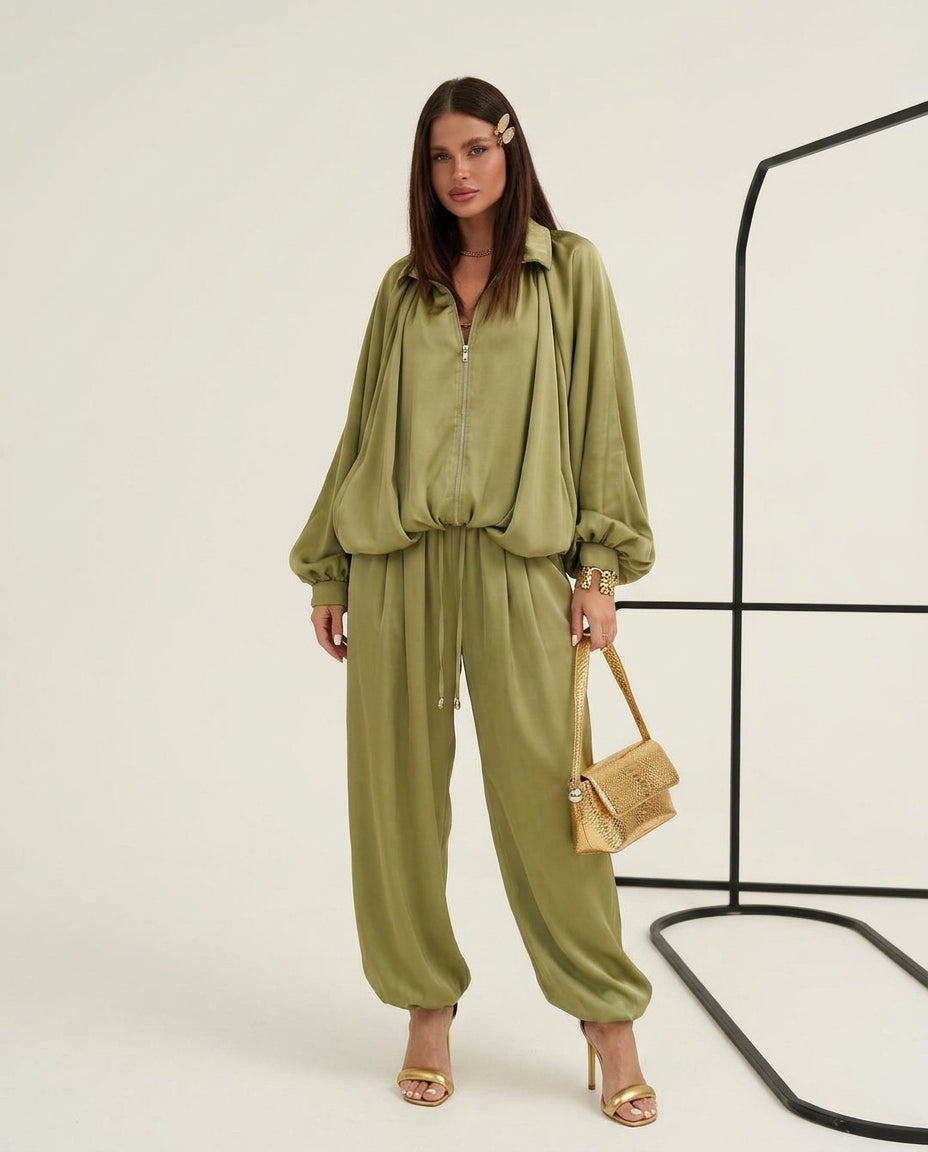 Olive Green Bloom Summer Satin Jumpsuit Olive Green Jumpsuit with Relaxed Fit silhouette and Satin texture, clean studio product view for City Evening, Weekend in The Hamptons, US East / Hamptons Elite