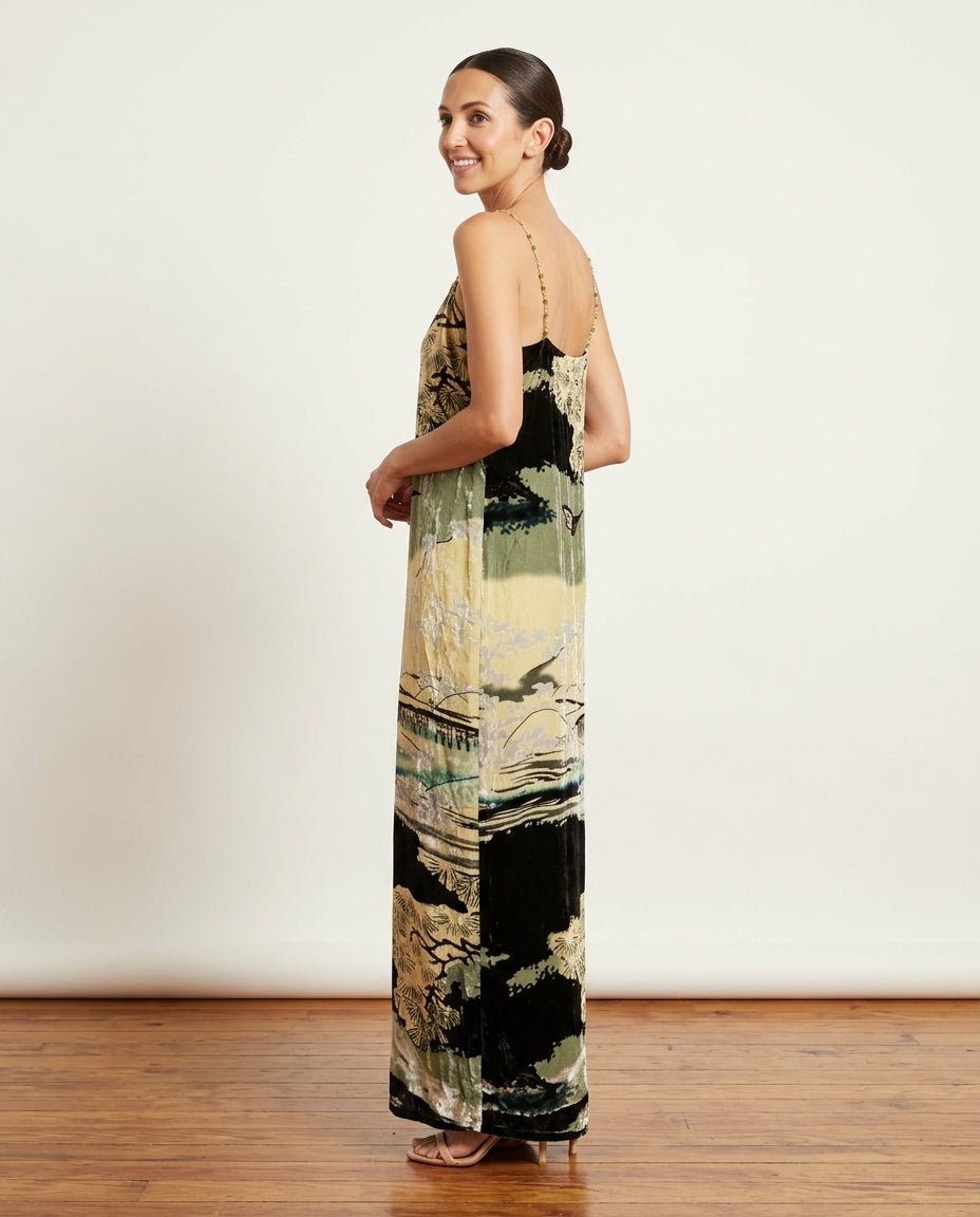 Black Reverie Resort Printed Maxi Dress Black Maxi Dress with Relaxed Fit silhouette and Textured texture, clean studio product view for Resort Wear, a polished coastal brunch, US East / Hamptons Elite
