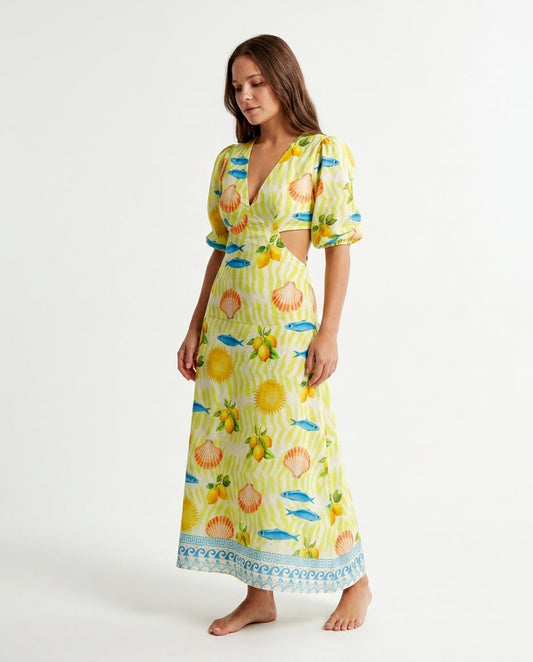 Butter Yellow Velvet Resort Embroidered Maxi Dress Butter Yellow Maxi Dress with Relaxed Fit silhouette and Textured texture, clean studio product view for Resort Wear, a polished coastal brunch, US East / Hamptons Elite by floravincie