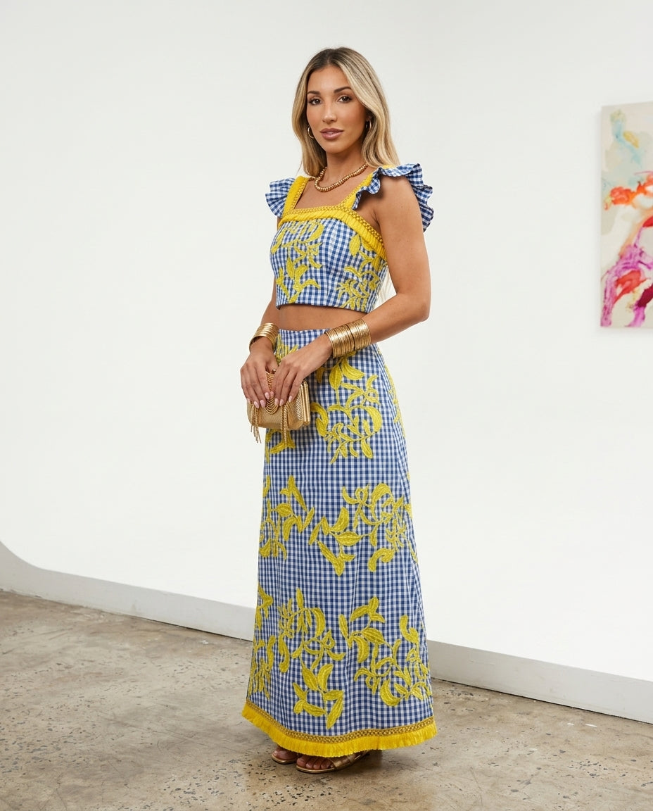 Blue Velvet Resort Embroidered Skirt Set Blue Skirt Set with Asymmetric silhouette and Textured texture, clean studio product view for Resort Wear, Sunset in Malibu, US Coastal Glam by floravincie