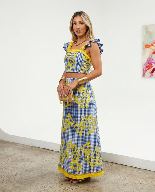Blue Velvet Resort Embroidered Skirt Set Blue Skirt Set with Asymmetric silhouette and Textured texture, clean studio product view for Resort Wear, Sunset in Malibu, US Coastal Glam by floravincie