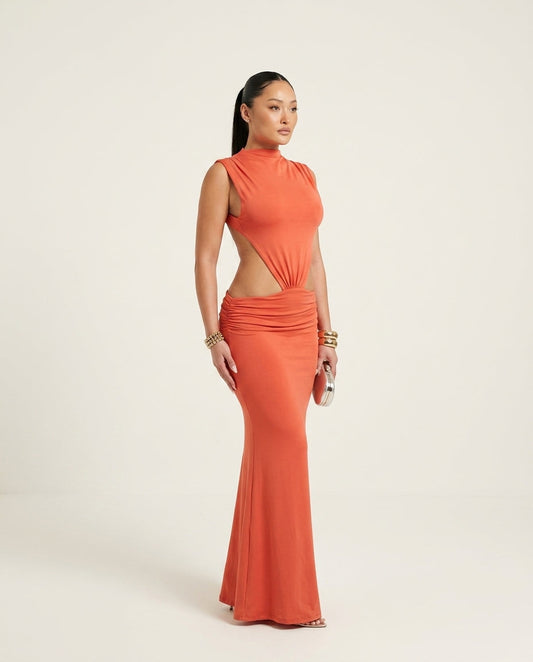Coral Muse Evening Ruched Maxi Dress Coral Maxi Dress with Relaxed Fit silhouette and Ribbed Knit texture, clean studio product view for Date Night, Evening in Amalfi, Euro Chic Premium by floravincie