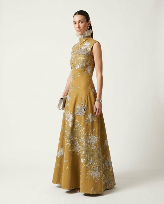 Mustard Yellow Grace Summer Embroidered Maxi Dress Mustard Yellow Maxi Dress with Relaxed Fit silhouette and Textured texture, clean studio product view for Wedding Guest, an estate dinner at golden hour, US East / Hamptons Elite by floravincie
