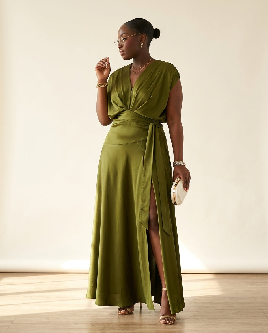 Olive Green Grace Summer Satin Maxi Dress Olive Green Maxi Dress with Asymmetric silhouette and Satin texture, clean studio product view for Resort Dinner, Brunch in SoHo, US Coastal Glam by floravincie