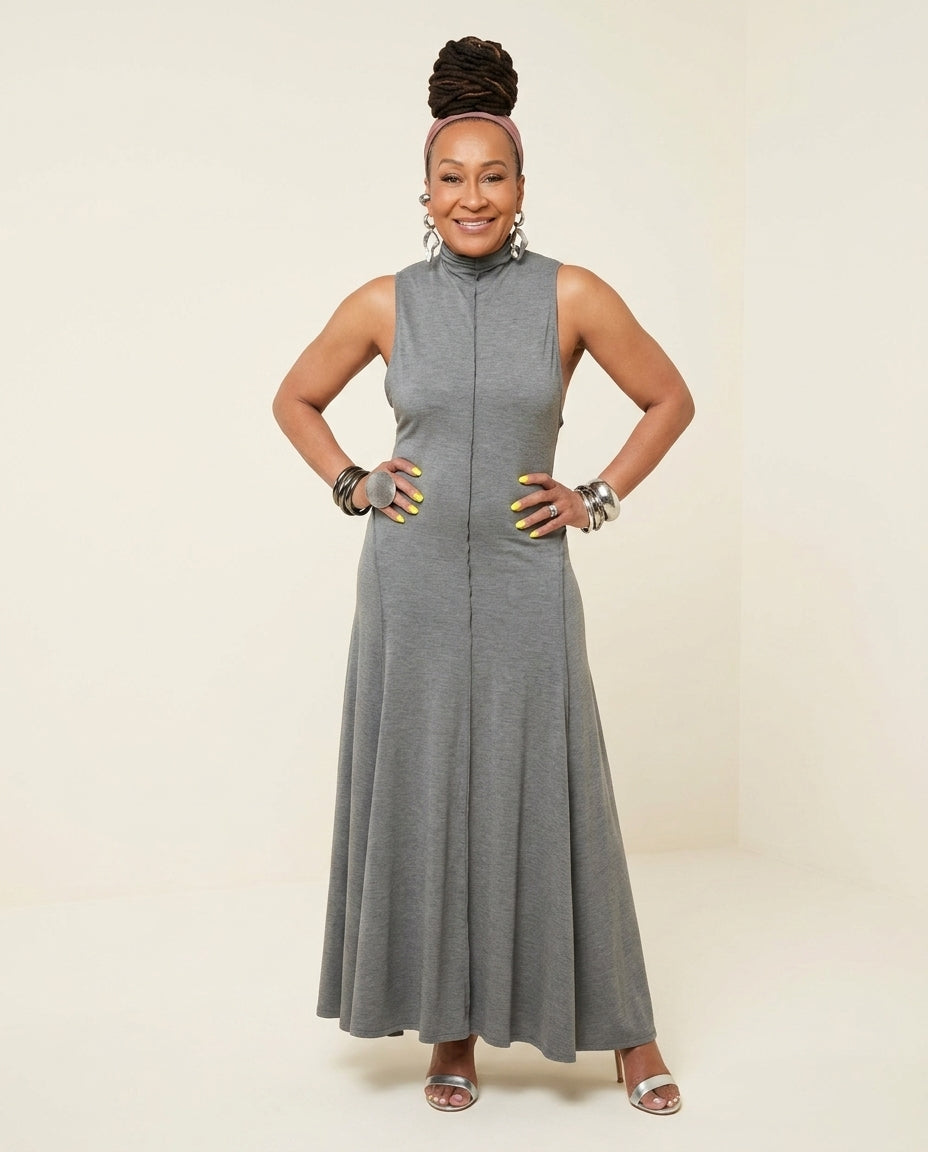 Grey Muse Summer Maxi Dress Grey Maxi Dress with Asymmetric silhouette and Ribbed Knit texture, clean studio product view for Vacation Evening, a Palm Springs weekend, US Coastal Glam by floravincie