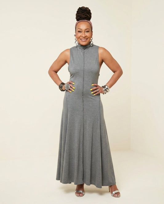 Grey Muse Summer Maxi Dress Grey Maxi Dress with Asymmetric silhouette and Ribbed Knit texture, clean studio product view for Vacation Evening, a Palm Springs weekend, US Coastal Glam by floravincie