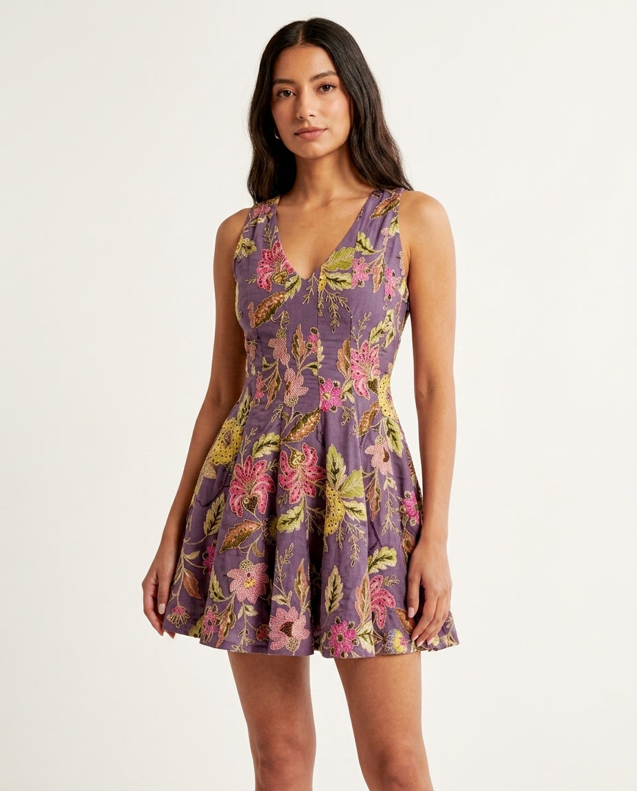 Lilac Reverie Resort Embroidered Romper Lilac Romper with Relaxed Fit silhouette and Textured texture, clean studio product view for Resort Wear, a rooftop dinner in LA, US Coastal Glam by floravincie