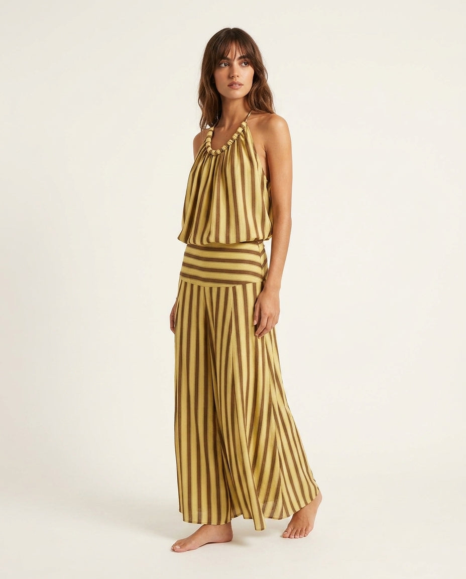 Butter Yellow Charm Resort Striped Romper Butter Yellow Romper with Relaxed Fit silhouette and Textured texture, clean studio product view for Resort Wear, an estate dinner at golden hour, US East / Hamptons Elite by floravincie