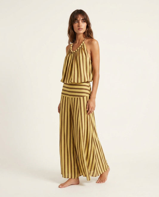 Butter Yellow Charm Resort Striped Romper Butter Yellow Romper with Relaxed Fit silhouette and Textured texture, clean studio product view for Resort Wear, an estate dinner at golden hour, US East / Hamptons Elite by floravincie