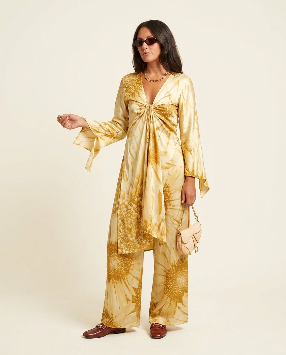 Light Yellow Charm Resort Floral Pant Set Light Yellow Pant Set with Wide-Leg silhouette and Satin texture, clean studio product view for Resort Wear, Evening in Amalfi, Euro Chic Premium by floravincie