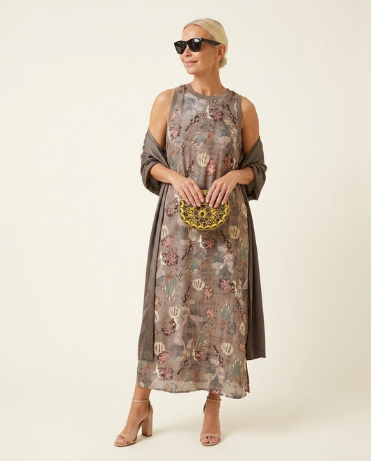 Brown Whisper Summer Embroidered Maxi Dress Brown Maxi Dress with Asymmetric silhouette and Textured texture, clean studio product view for Resort Dinner, Weekend in The Hamptons, US East / Hamptons Elite by floravincie