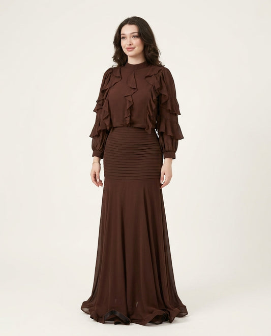 Brown Whisper Evening Ruched Maxi Dress Brown Maxi Dress with Asymmetric silhouette and Textured texture, clean studio product view for Date Night, a London dinner reservation, Euro Chic Premium by floravincie