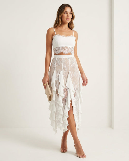 Ivory Aura Evening Lace Skirt Set Ivory Skirt Set with Cropped silhouette and Satin texture, clean studio product view for Resort Wear, a gallery opening in Paris, Euro Chic Premium by floravincie