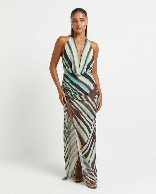 Brown Solace Evening Abstract Print Maxi Dress Brown Maxi Dress with Asymmetric silhouette and Textured texture, clean studio product view for Resort Wear, a Palm Springs weekend, US Coastal Glam by floravincie
