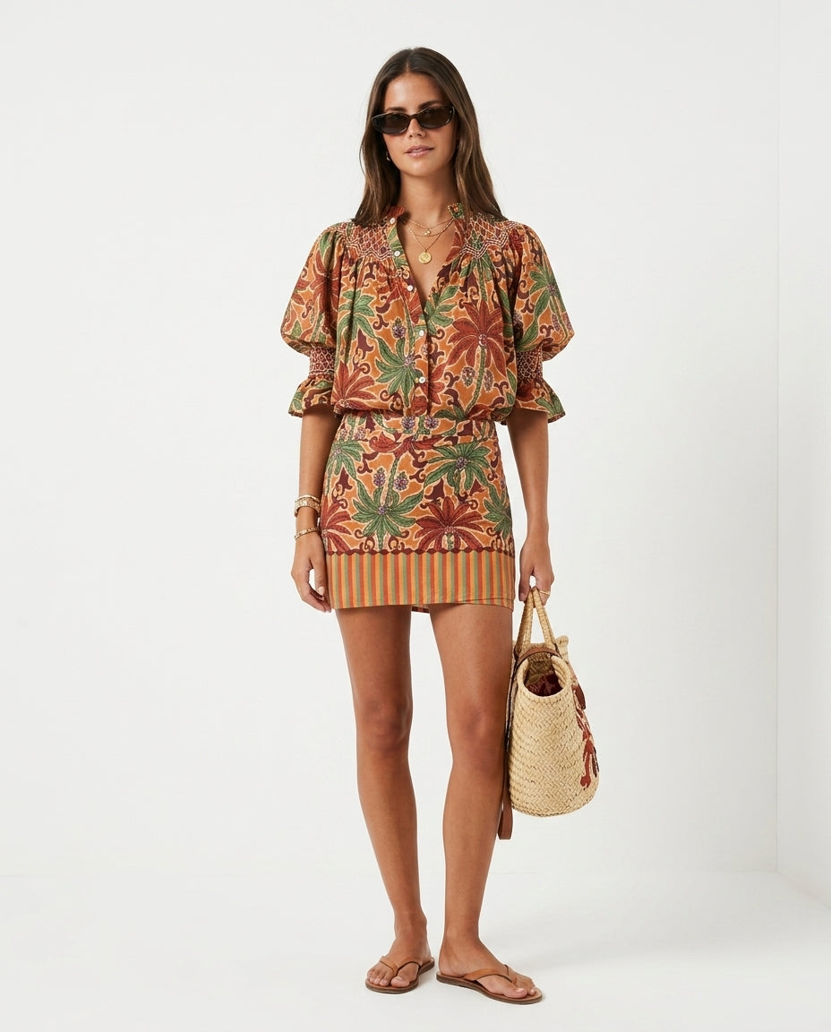 Rust Grace Resort Floral Skirt Set Rust Skirt Set with Relaxed Fit silhouette and Textured texture, clean studio product view for Resort Wear, a rooftop dinner in LA, US Coastal Glam by floravincie