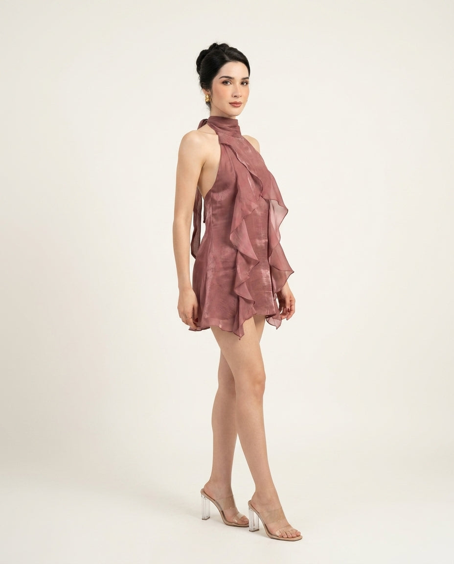 Mauve Aura Evening Ruffled Maxi Dress Mauve Maxi Dress with Asymmetric silhouette and Textured texture, clean studio product view for Date Night, a Palm Springs weekend, US Coastal Glam by floravincie