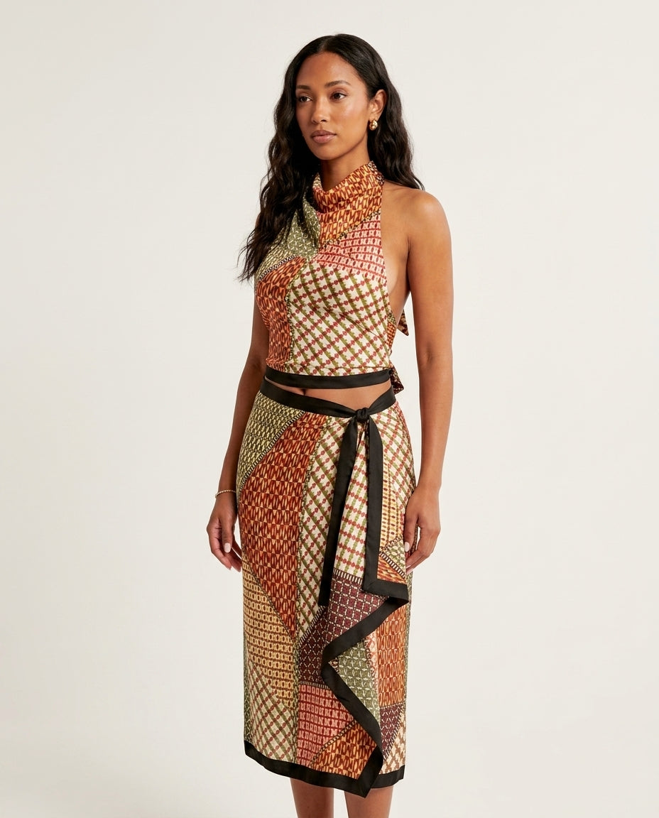 Multi-Color Grace Resort Abstract Print Skirt Set Multi-Color Skirt Set with Asymmetric silhouette and Satin texture, clean studio product view for Resort Wear, Brunch in SoHo, US Coastal Glam by floravincie