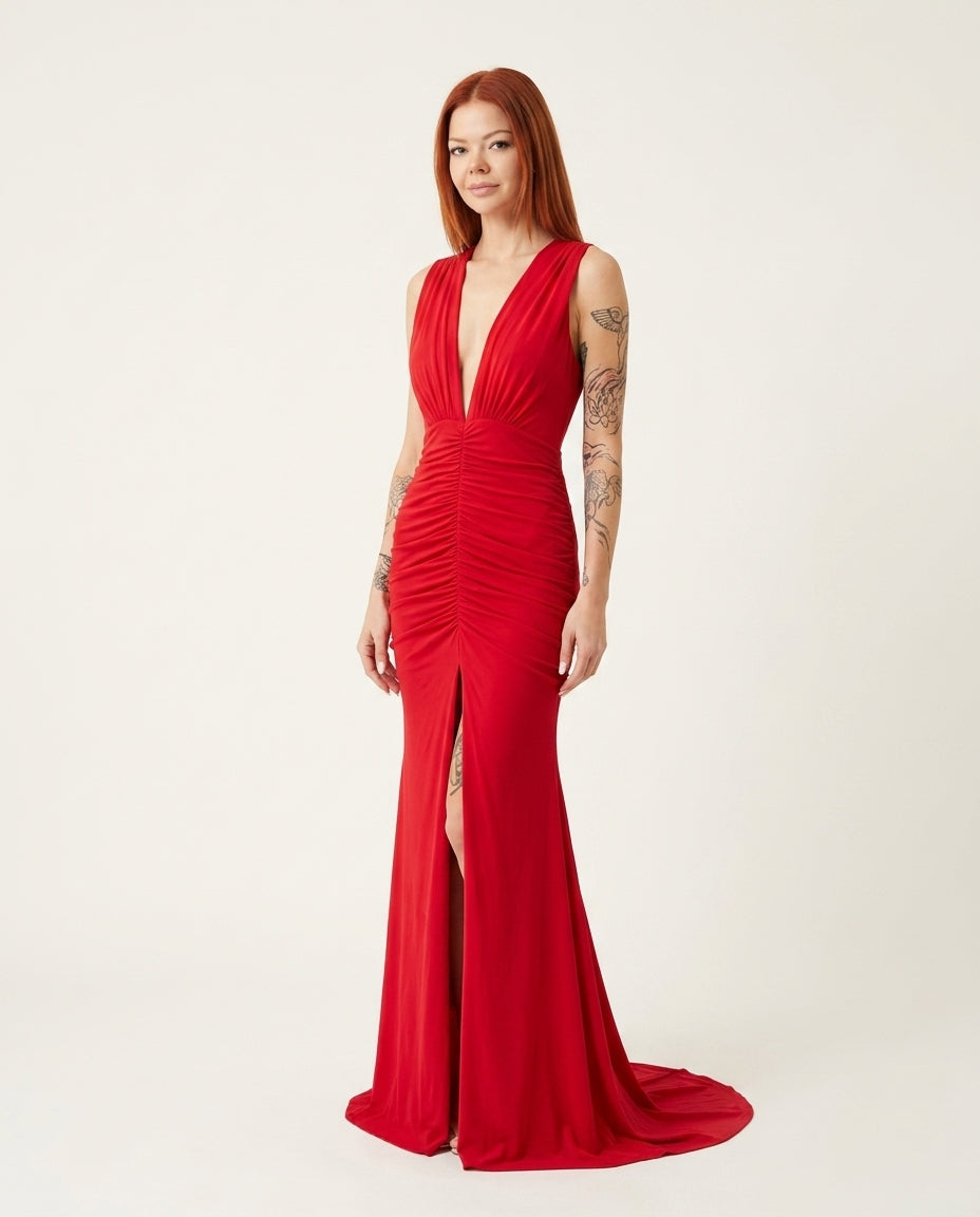 Red Aura Evening Ruched Maxi Dress Red Maxi Dress with Relaxed Fit silhouette and Ribbed Knit texture, clean studio product view for Date Night, a polished coastal brunch, US East / Hamptons Elite by floravincie