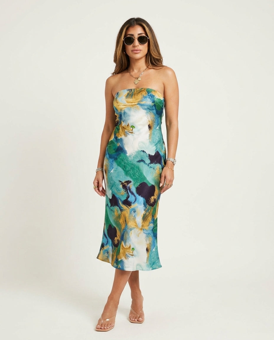 Sage Bloom Resort Abstract Print Romper Sage Romper with Relaxed Fit silhouette and Satin texture, clean studio product view for Resort Wear, a polished coastal brunch, US East / Hamptons Elite by floravincie
