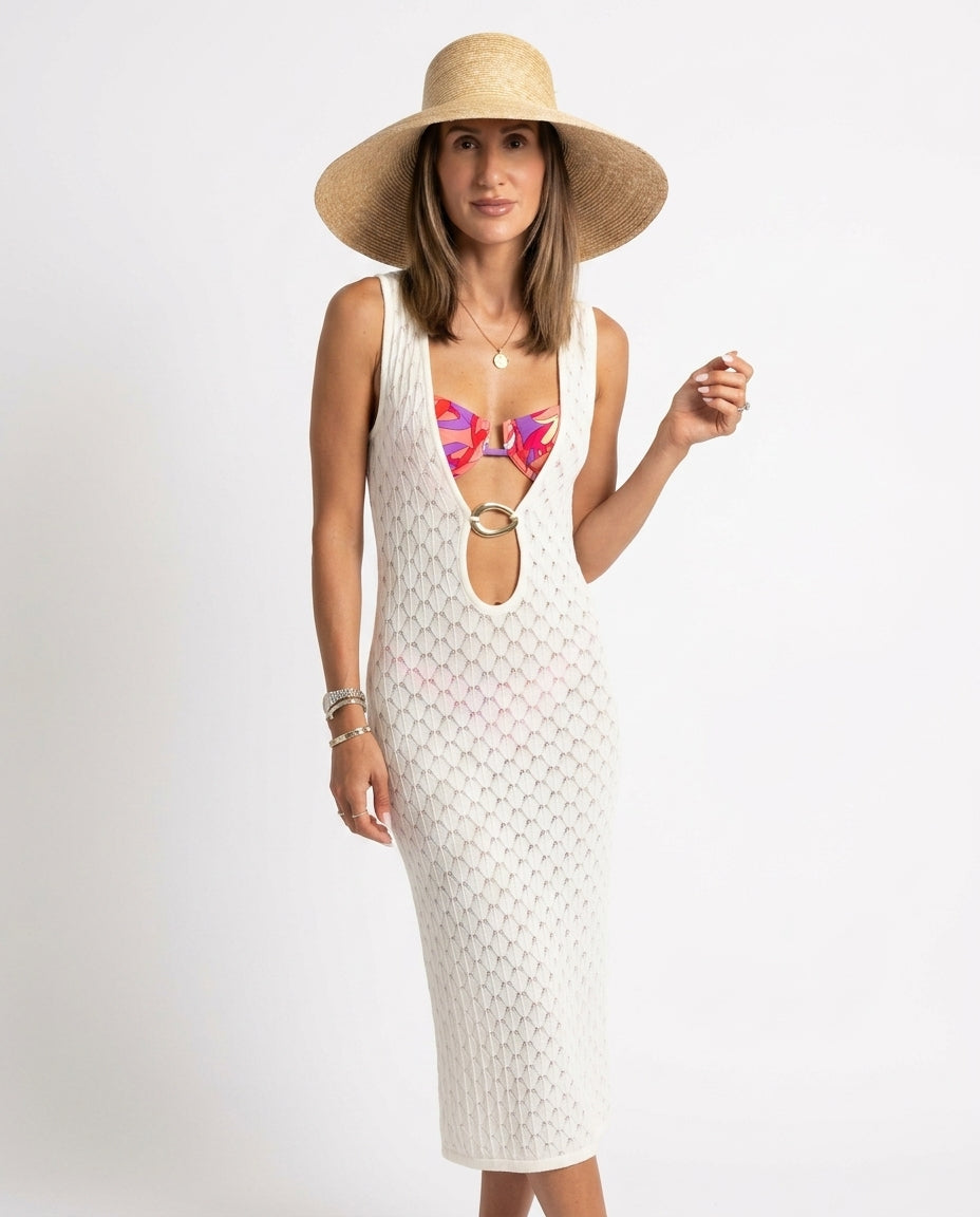 Ivory Muse Resort V-Neck Maxi Dress Ivory Maxi Dress with Asymmetric silhouette and Ribbed Knit texture, clean studio product view for Resort Wear, a London dinner reservation, Euro Chic Premium by floravincie