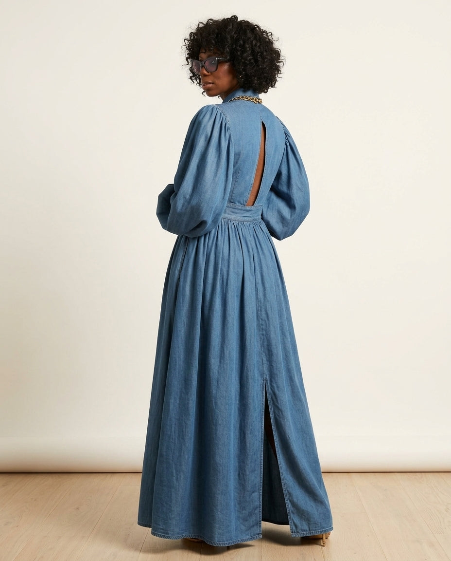 Denim Velvet Summer Maxi Dress Denim Maxi Dress with Relaxed Fit silhouette and Textured texture, clean studio product view for Rooftop Brunch, Sunset in Malibu, US Coastal Glam by floravincie