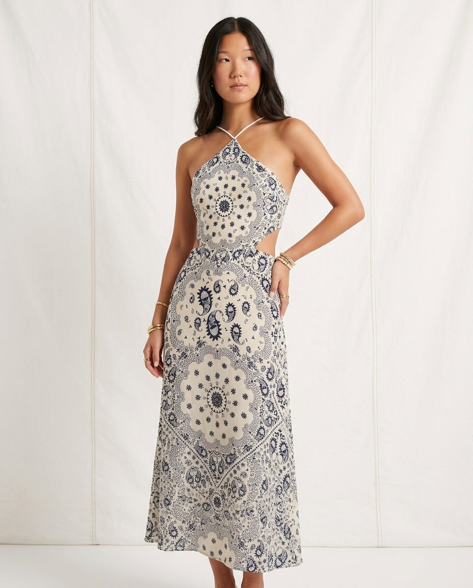Ivory Aura Resort Printed Maxi Dress Ivory Maxi Dress with Asymmetric silhouette and Textured texture, clean studio product view for Resort Wear, a Palm Springs weekend, US Coastal Glam by floravincie