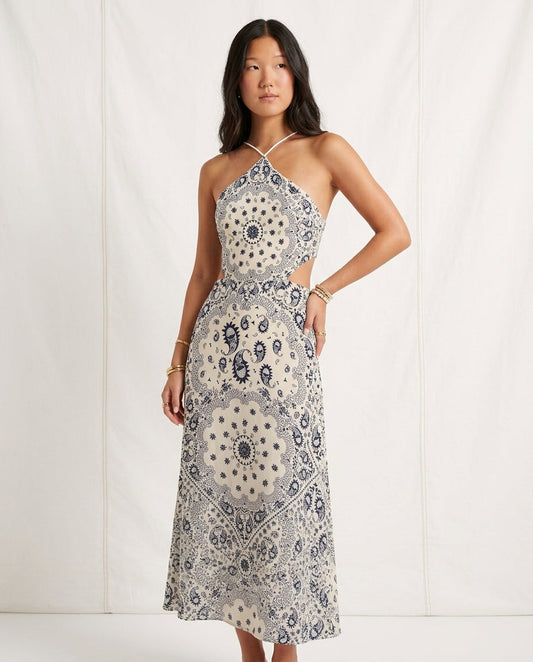 Ivory Aura Resort Printed Maxi Dress Ivory Maxi Dress with Asymmetric silhouette and Textured texture, clean studio product view for Resort Wear, a Palm Springs weekend, US Coastal Glam by floravincie